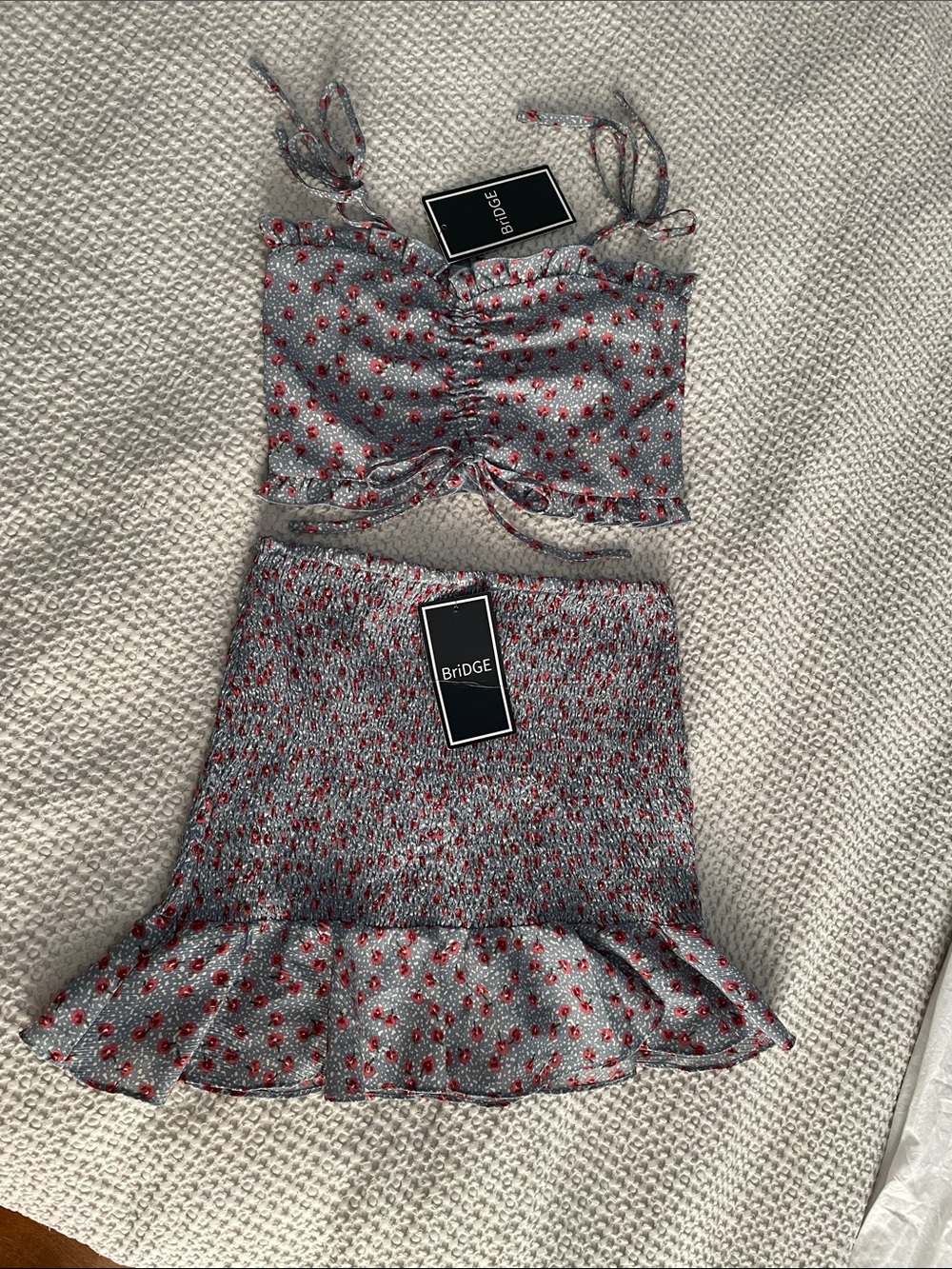 BRIDGE Floral Two-Piece Crop Top & Skirt Set in Light Blue with Red flower Dots